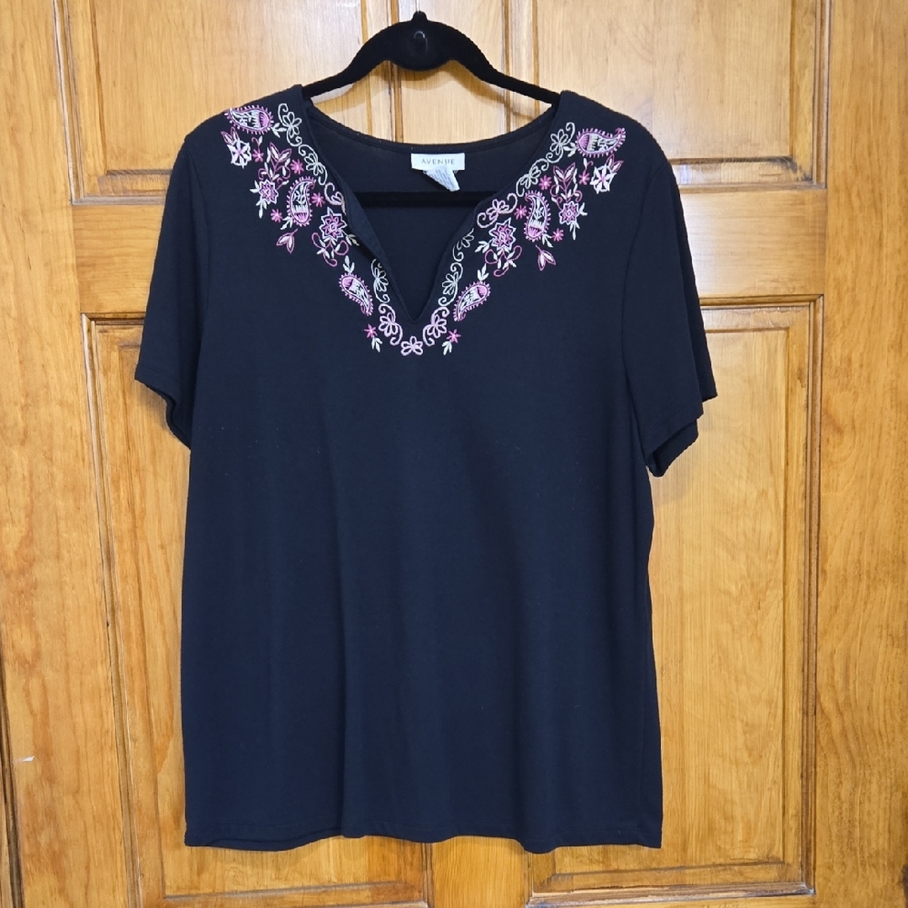 Avenue Black Top with Pink Embroidery